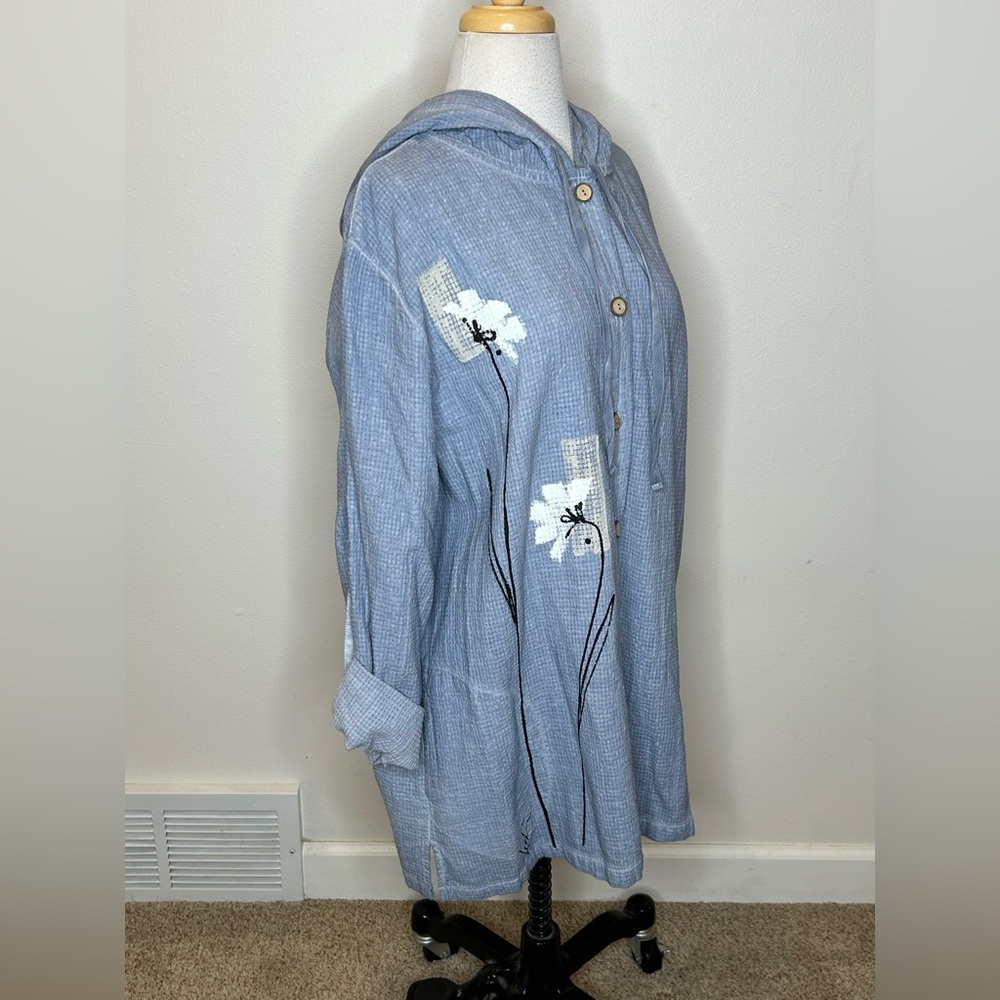 Focus Casual Life Light Blue Hooded Button-Down HP Floral Jacket Coat Size L - Picture 2 of 8
